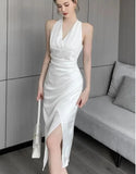 Summer Elegant Sexy V-Neck Split Bodycon Sheath Pencil Dress Women Pleated White Party Dresses Female  Work  Clothes