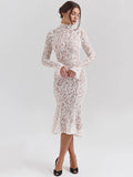 Lace Long Sleeve Sexy Midi Dress For Women Elegant White Half High Collar High Waist Bodycon Club Party Sexy Long Dress