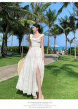 White Vacation Beach Casual Midi Dresses Women Summer Ruffle Embroidered Sexy Backless Lace-up Slit Sleeveless Female Clothing