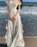 Women Fashion Bohemian Print Long Dresses France Elegant Ruffles Strap Beach Holiday Vestidos Korean One Piece A-Line Robe