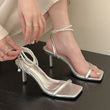 New Silver High Heels Sandals Women Elegant Pearls Ankle Strap Party Shoes Woman Fashion Square Toe Sandalias