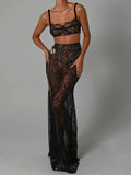 See Through Lace Two Piece Skirt Sets Women Crop Top And Maxi Skirt Sets Elegant Party Beach Sexy Two Piece Set