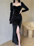 Autumn Sexy Bodycon Evening Party Dress Women Velvet Diamonds Prom Robe Ladies France Vintage Split Mermaid Vestidos Mujer New