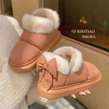 New Women Cute Warm Ankle Boots Ladies Outdoor Non-slip Thick Sole Snow Boot Furry Bow Cotton Shoe Waterproof Plush Boots