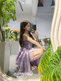 Purple Sexy Elegant Mini Dress Women Summer Irregular Floral Y2k Vintage Strap Dress Female Folds Design Short Party Dress