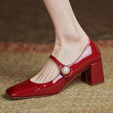 Rimocy Pearl Patent Leather High Heels Mary Janes Woman Spring Elegant Square Toe Women's Pumps Red Office Ladies Shoes