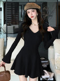 Autumn Solid Knitted Dresses for Women Elegant Fashion V-Neck Slim Evening Party Mini Dress Female A-Line Casual Vestidos Mujer