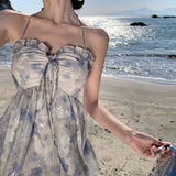 Summer Beach Backless Chiffon Long Dresses for Women Elegant Fashion Blue Floral Sleeveless Holiday Party Female Clothing