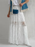 White Printed Lace Maxi Skirt For Women High Waist Fashion See-Through Patchwork Summer Fashion Ladies Long Skirt New