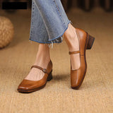 New Genuine Leather Mary Jane shoes Women's Shoes Retro Buckle Shallow Heel Pumps Square Toe Shoes Woman Zapatos De Mujer
