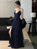 Sexy Slim Evening Gown Luxury Dresses Women's Backless V-Neck Split Maxi Dress Fashion Robe Birthday Party Spring Autumn New