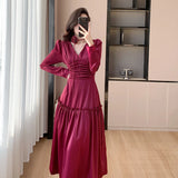 Autumn New Elegant Chic Satin Midi Dresses for Women Fashion V-neck Long Sleeve Pleated Ruffles Prom Party Female Clothing