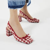 Women Chunky Heeled Sandals Retro Square Toe Mary Janes Pumps Shoes Slingbacks Spring Summer High Heels Baotou Plaid Shoes