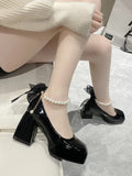 Ladies High Heels Elegant Bow Square Toe Black Fashion Women's Pumps Thick Heel Wedding Party Pearl Lace Wedding Shoes for Women