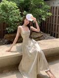 New Elegant Satin Sling Dress for Women Summer Sleeveless Spaghetti Strap Square Neck Slim Vintage Female Print Dresses