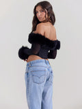 Elegant Feather Strapless Sexy T-shirt Women Fashion Black Off-shoulder Backless Sheer Long Sleeve Club Party Sexy Tops