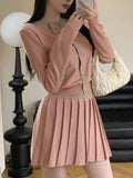 Elegant Knitted Pleated Skirt Suits Women Button Korean Vintage Party Skirt Set Female Designer Casual Two Piece Set Autumn