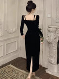 Elegant Velvet Womens Dresses Spaghetti Straps Long Sleeve Luxurious Evening Party Midi Dress Autumn Split Bodycon Vestidos New