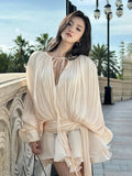 DEAT Elegant Dress V-neck Pleated Lace-up Flounce Train Short Solid Women's Evening Party Dresses 2024 Autumn New Tide 35D1218