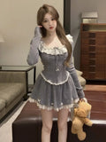 Y2K Sweet Knitted Skirt Suits Long Sleeves Lace Patchwork Bow Lace-up Princess Tops + Pleat Mini Skirt Womens Two Pieces Set New