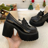 Super High Heels Loafers Women  Spring Patent Leather Chunky Platform Pumps Woman Slip On Black Jk Uniform Shoes Mary Janes