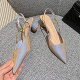 Summer Pointed Toe Silk Pumps Women Back Strap Buckle Thick Heels Sandals Woman Shallow Mouth Party Shoes Ladies