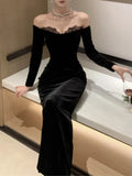 Sexy Bodycon Long Dresses for Women Autumn Evening Party Prom Robe Wedding Velvet Dress Lace Patchwork Slash Neck Slim Vestidos