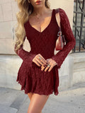 Lace Hollow Out Long Sleeve Sexy Mini Dress For Women Fashion V Neck Wine Red High Waist Club Elegant Dress New Dresses