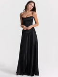 Lace-up Satin Maxi Slipdress Women Black Spaghetti Strap Sleeveless Backless Maxi Dress Femme Club Party Evening Dress