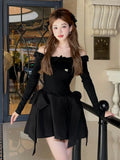 Y2K Sweet Black Knitted Womens Dresses Elegant Slash Neck Bow Lace-up Fairy Birthday Party Mini Dress New Female Short Vestidos