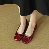 Women Retro Gentle Bowknot Flat Shoes Korean Fashion Elegant Red Square Toe Stiletto Pumps Autumn Dress Loafer Casual Shoes