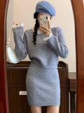 Elegant Knitted Skirt Sets for Women 2 Pieces Autumn Sweet Patchwork Long Sleeve Pullover Top Straight Skirt Female Outfits New