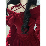 Vintage Bow Mini Dress Women Y2K Sexy Slash Neck Red Velvet Dresses Winter Kawaii Christmas Party Bodycon A Line Vestidos