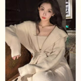 Korean Fashion White Sweaters 3 Piece Suit for Women Autumn New Knitted Short Top Elegant Loose Pants Set Female Clothing