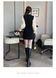 Korean Black Patchwork Short Dresses Women Autumn New Fashion Slim Office Lady Notched Collar Long Sleeves Female Clothing