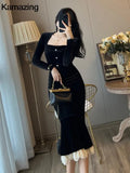 French Bodycon Velvet Mermaid Party Dresses for Women Elegant Lace Patchwork Evening Prom Vestidos Female Autumn Winter Clothes