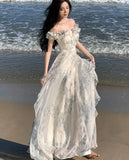 Women Fashion Bohemian Print Long Dresses France Elegant Ruffles Strap Beach Holiday Vestidos Korean One Piece A-Line Robe