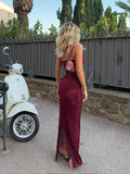 Elegant Burgundy Lace Backless Maxi Dress Women Sexy Square Neck Sleeveless Bodycon Sling Dresses New Lady High Street Robe