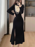 Autumn Elegant Black Velvet Dresses for Women Long Sleeve Stand Collar Mermaid Evening Party Dress Prom Robe Vestidos Mujer New