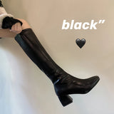 Knee-length Boots Women Women's Rubber Shoes Sexy Square Heel Thigh High Heels Luxury Winter Heeled Booties Black