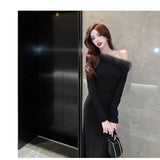 Korean Sexy Patchwork Long Sleeve Knitted Midi Dresses for Women Autumn New Elegant Party Bandage Sweater Female Clothing