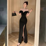 Ruffled One Shoulder Strapless Evening Dress Women Spring Summer Elegant High Waist Slim Wrapped Slit Long Dresses