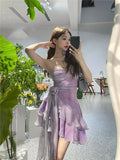 Purple Sexy Elegant Mini Dress Women Summer Irregular Floral Y2k Vintage Strap Dress Female Folds Design Short Party Dress