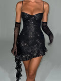 Elegant Strapless Ruffle Sexy Mini Dress For Women Fashion Off-shoulder Backless Sequins Sparkle Club Party Dress