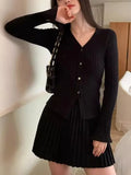 Y2K Elegant Mini Pleated Skirt Sets Autumn Women V-neck Long Sleeves Knitted Cardigan Two-piece Solid Korean Chic Suits