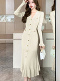 Solid Knitted Dresses for Women Autumn Single Breasted Chic Flared Sleeve Ruffles Hem Casual Female Office Elegant Robes