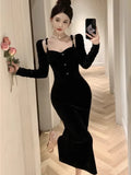 Elegant Velvet Womens Dresses Spaghetti Straps Long Sleeve Luxurious Evening Party Midi Dress Autumn Split Bodycon Vestidos New