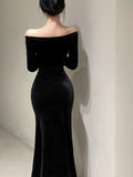 Women's Sexy Black Velvet Dress Elegant Chic Off Shoulder Lace Split Evening Party Dresses Autumn Female Bodycon Vestidos Mujer