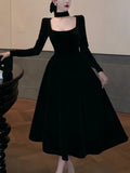 Autumn Winter Black Velvet Midi Dress Women France Vintage Long Sleeve Square Collar Birthday Party A-Line Vestidos Female Robe