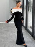 Patchwork Off-shoulder Sexy Maxi Dress For Women Fashion Strapless Long Sleeve Backless Bodycon Club Party Dress